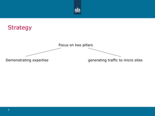 Strategy Focus on two pillars Demonstrating expertise   generating traffic to micro sites 