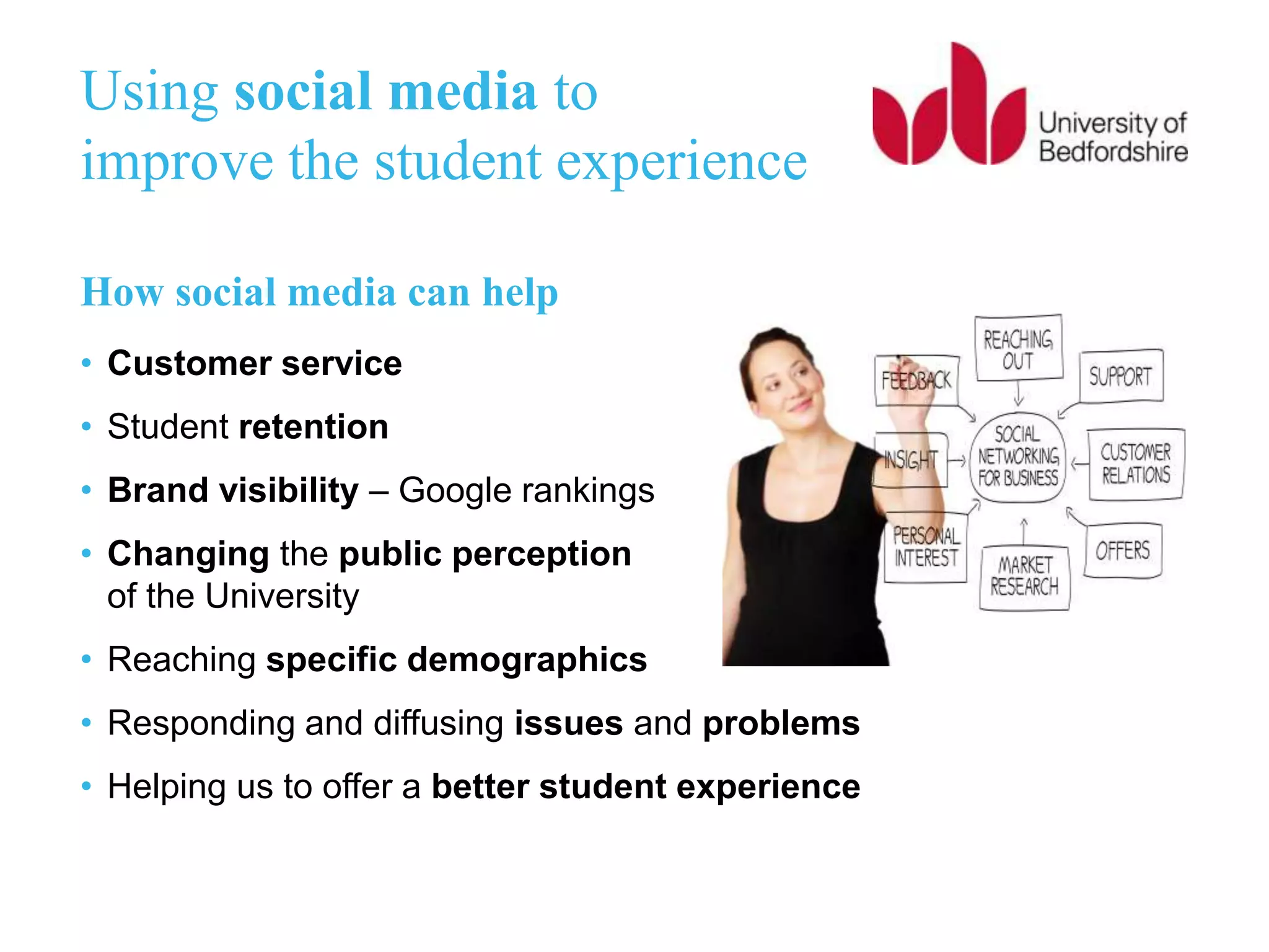 Using social media to
improve the student experience
How social media can help
• Customer service
• Student retention
• Brand visibility – Google rankings
• Changing the public perception
of the University
• Reaching specific demographics
• Responding and diffusing issues and problems
• Helping us to offer a better student experience
 