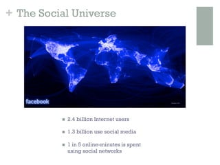 + The Social Universe




          n    2.4 billion Internet users

          n    1.3 billion use social media

          n    1 in 5 online-minutes is spent
                using social networks
 