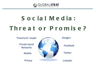Social Media: Threat or Promise? Google+ Facebook Twitter LinkedIn ‘ Freemium’ model Private Social Networks Mobile Privacy 