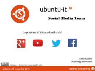 Social Media Team

La presenza di ubuntu-it nei social

Mattia Rizzolo
mapreri@ubuntu.com
Attribuzione - Condividi allo stesso modo 3.0 Italia

Bologna, 23 novembre 2013

ubuntu-it meeting

 