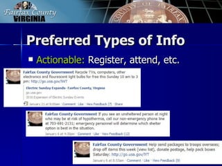 Preferred Types of Info
   Actionable: Register, attend, etc.
 