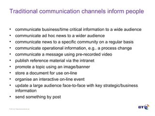 © Brit ish Telecommunicat ions plc
Traditional communication channels inform people
• communicate business/time critical information to a wide audience
• communicate ad hoc news to a wider audience
• communicate news to a specific community on a regular basis
• communicate operational information, e.g.. a process change
• communicate a message using pre-recorded video
• publish reference material via the intranet
• promote a topic using an image/banner
• store a document for use on-line
• organise an interactive on-line event
• update a large audience face-to-face with key strategic/business
information
• send something by post
 