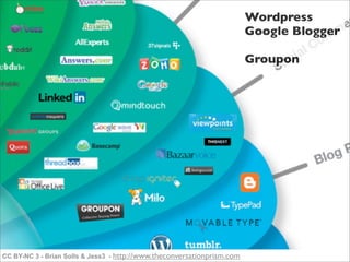 Wordpress
                                                                         Google Blogger

                                                                         Groupon




CC BY-NC 3 - Brian Solls & Jess3 - http://www.theconversationprism.com
 