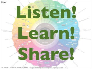 How?




                Listen!
                Learn!
                Share!
CC BY-NC 3 - Brian Solls & Jess3 - http://www.theconversationprism.com
 