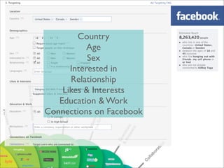 Country
           Age
           Sex
      Interested in
      Relationship
    Likes & Interests
   Education & Work
Connections on Facebook
 