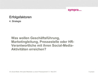 Erfolgsfaktoren 4. Strategie Was wollen Geschäftsführung, Marketingleitung, Pressestelle oder HR-Verantwortliche mit ihren Social-Media-Aktivitäten erreichen?  | Social Media: Wird jeder Mitarbeiter zu einem Pressesprecher? | 7. Mai 2010 