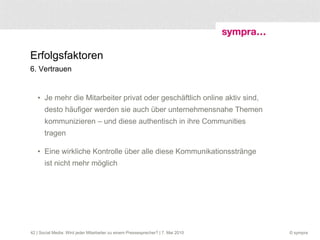 Erfolgsfaktoren 6. Vertrauen Je mehr die Mitarbeiter privat oder geschäftlich online aktiv sind, desto häufiger werden sie auch über unternehmensnahe Themen kommunizieren – und diese authentisch in ihre Communities tragen Eine wirkliche Kontrolle über alle diese Kommunikationsstränge ist nicht mehr möglich  | Social Media: Wird jeder Mitarbeiter zu einem Pressesprecher? | 7. Mai 2010 