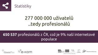Statistiky
277 000 000 uživatelů
..tedy profesionálů
650 537 profesionálů z ČR, což je 9% naší internetové
populace
 