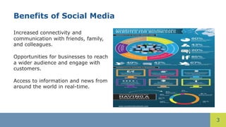 3
Benefits of Social Media
Increased connectivity and
communication with friends, family,
and colleagues.
Opportunities for businesses to reach
a wider audience and engage with
customers.
Access to information and news from
around the world in real-time.
 
