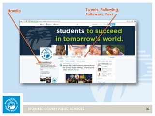 16BROWARD COUNTY PUBLIC SCHOOLS
Handle Tweets, Following,
Followers, Favs
 