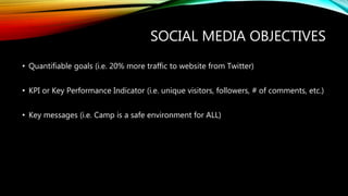SOCIAL MEDIA OBJECTIVES
• Quantifiable goals (i.e. 20% more traffic to website from Twitter)
• KPI or Key Performance Indicator (i.e. unique visitors, followers, # of comments, etc.)
• Key messages (i.e. Camp is a safe environment for ALL)
 