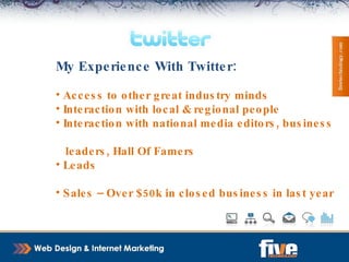   A flexible, open format to show the vibe of your bank Display your expertise Elaborate on your offering Case studies, examples of services/relationship at work Industry news Benefits:  More content, SEO, more human, relevant, feeds & subscriptions  Business Blogging 