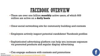  There are over one billion monthly active users, of which 669

million are active on a daily basis

 Great social networking site for community building and contests
 Employers actively inspect potential candidates’ Facebook profiles
 Sophisticated advertising platform can help you increase exposure

via promoted products and regular display advertising

 Can engage audience with contests and promotions

Sources:
Facebook Investor: http://investor.fb.com/releasedetail.cfm?ReleaseID=780093

 