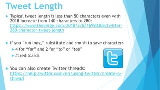 Tweet Length
 Typical tweet length is less than 50 characters even with
2018 increase from 140 characters to 280:
https:/...