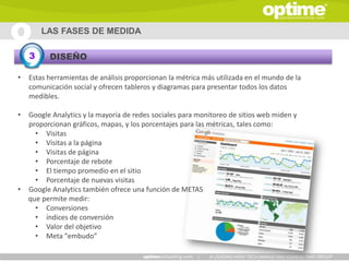 LAS FASES DE MEDIDA

    3     DISEÑO

•   Estas herramientas de análisis proporcionan la métrica más utilizada en el mundo de la
    comunicación social y ofrecen tableros y diagramas para presentar todos los datos
    medibles.

•   Google Analytics y la mayoría de redes sociales para monitoreo de sitios web miden y
    proporcionan gráficos, mapas, y los porcentajes para las métricas, tales como:
      • Visitas
      • Visitas a la página
      • Visitas de página
      • Porcentaje de rebote
      • El tiempo promedio en el sitio
      • Porcentaje de nuevas visitas
•   Google Analytics también ofrece una función de METAS
    que permite medir:
      • Conversiones
      • índices de conversión
      • Valor del objetivo
      • Meta "embudo”

                                                         |   A LEADING HIGH TECH MARKETING CONSULTING GROUP
 