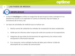 LAS FASES DE MEDIDA

    4       DESPLIEGUE

•   La fase de despliegue se enfoca en asegurarse de que lo que es visto y transpira en sus
    plataformas sociales es lo esperado en cuanto al contenido, flujo de trabajo, la
    consistencia de la marca, ext.

•   Los tipos de actividades de medición que se realizan son:

        1. Realice control de calidad de los métodos de recopilación de datos establecidos

        1. Valide que los informes sobre la ejecución estén de acuerdo con las expectativas

        2. Asegúrese de que todas las herramientas de seguimiento y los enlaces están
           extrayendo la información deseada

        3. Si es necesario, reúna múltiples fuentes de datos para rellenar la tabla de
           desempeño de sus medios de comunicación




                                                            |   A LEADING HIGH TECH MARKETING CONSULTING GROUP
 
