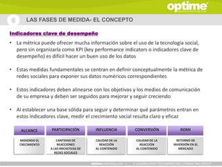 LAS FASES DE MEDIDA- EL CONCEPTO

Indicadores clave de desempeño
• La métrica puede ofrecer mucha información sobre el uso de la tecnología social,
  pero sin organizarla como KPI (key performance indicators o indicadores clave de
  desempeño) es difícil hacer un buen uso de los datos

• Estas medidas fundamentales se centran en definir conceptualmente la métrica de
  redes sociales para exponer sus datos numéricos correspondientes

• Estos indicadores deben alinearse con los objetivos y los medios de comunicación
  de su empresa y deben ser seguidos para mejorar y seguir creciendo

• Al establecer una base sólida para seguir y determinar qué parámetros entran en
  estos indicadores clave, medir el crecimiento social resulta claro y eficaz

    ALCANCE       PARTICIPACIÓN          INFLUENCIA          CONVERSIÓN                 ROMI

    MIDIENDO EL       CANTIDAD DE        CALIDAD DE LA        CALIDAD DE LA           RETORNO DE
    CRECIMIENTO       REACCIONES           REACCIÓN             REACCIÓN            INVERSIÓN EN EL
                  A LAS INICIATIVAS DE   AL CONTENIDO         AL CONTENIDO             MERCADO
                     REDES SOCIALES


                                                         |   A LEADING HIGH TECH MARKETING CONSULTING GROUP
 