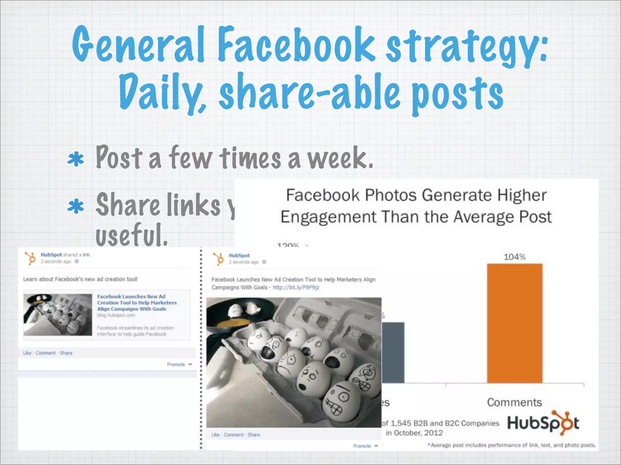 General Facebook strategy:
Daily, share-able posts
Post a few times a week.
Share links your audience will find
useful.
Use photos a LOT.
 