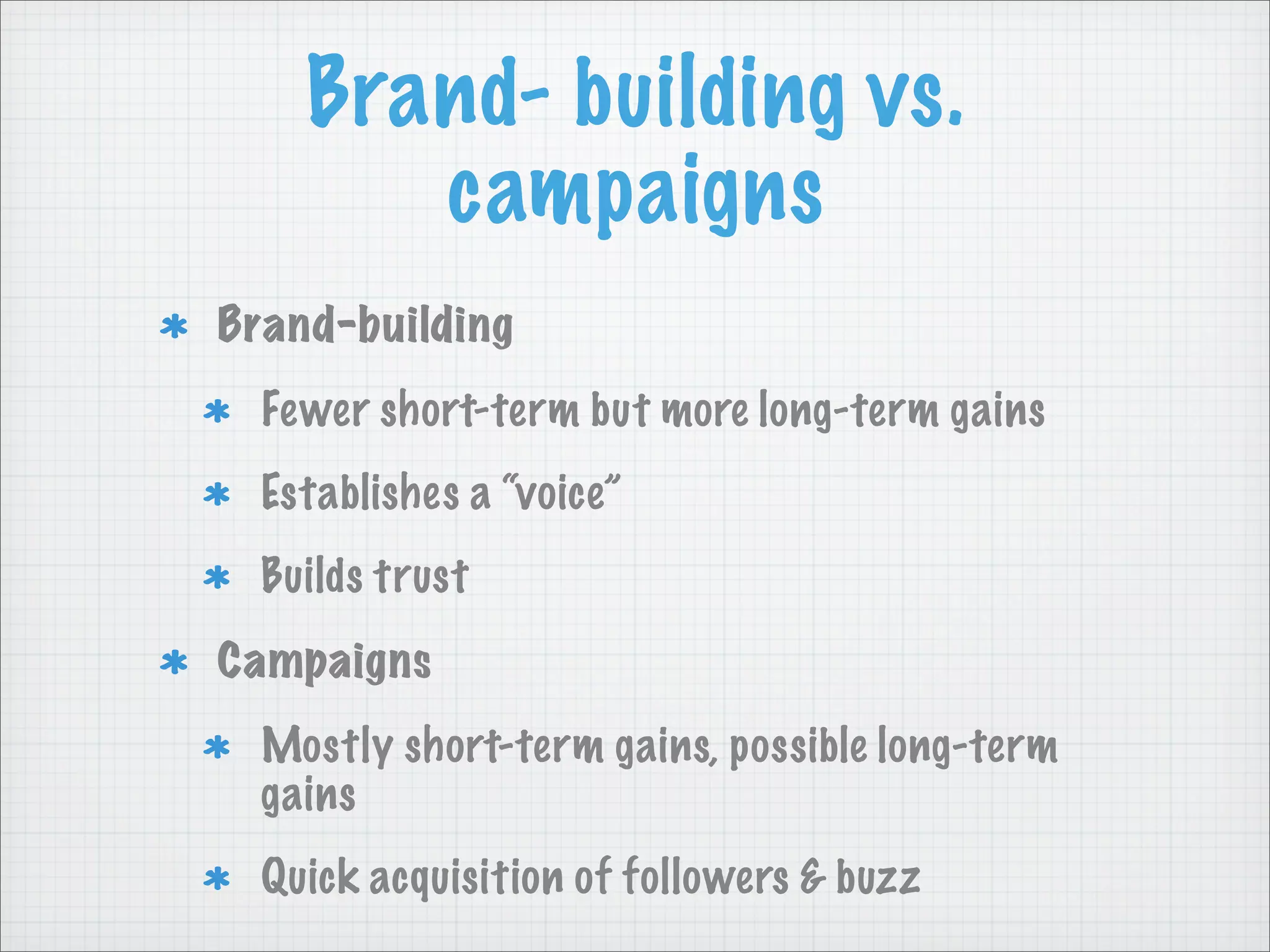 Brand- building vs.
campaigns
Brand-building
Fewer short-term but more long-term gains
Establishes a “voice”
Builds trust
Campaigns
Mostly short-term gains, possible long-term
gains
Quick acquisition of followers & buzz
 