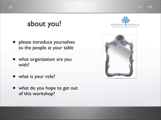 about you!

•   please introduce yourselves
    to the people at your table

•   what organization are you
    with?

•   what is your role?

•   what do you hope to get out
    of this workshop?
 