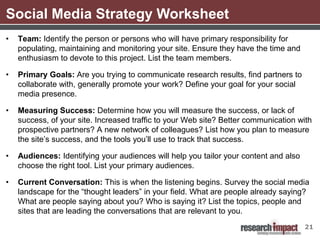 Social Media Strategy Worksheet
•   Team: Identify the person or persons who will have primary responsibility for
    populating, maintaining and monitoring your site. Ensure they have the time and
    enthusiasm to devote to this project. List the team members.

•   Primary Goals: Are you trying to communicate research results, find partners to
    collaborate with, generally promote your work? Define your goal for your social
    media presence.

•   Measuring Success: Determine how you will measure the success, or lack of
    success, of your site. Increased traffic to your Web site? Better communication with
    prospective partners? A new network of colleagues? List how you plan to measure
    the site’s success, and the tools you’ll use to track that success.

•   Audiences: Identifying your audiences will help you tailor your content and also
    choose the right tool. List your primary audiences.

•   Current Conversation: This is when the listening begins. Survey the social media
    landscape for the “thought leaders” in your field. What are people already saying?
    What are people saying about you? Who is saying it? List the topics, people and
    sites that are leading the conversations that are relevant to you.
                                                                                       21
 