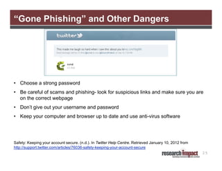 “Gone Phishing” and Other Dangers




• Choose a strong password
• Be careful of scams and phishing- look for suspicious links and make sure you are
  on the correct webpage
• Don’t give out your username and password
• Keep your computer and browser up to date and use anti-virus software




Safety: Keeping your account secure. (n.d.). In Twitter Help Centre. Retrieved January 10, 2012 from
http://support.twitter.com/articles/76036-safety-keeping-your-account-secure
                                                                                                       25
 