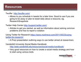 Resources
Twuffer http://twuffer.com/
  • Allows to you schedule in tweets for a later time. Good to use if you are
    go...