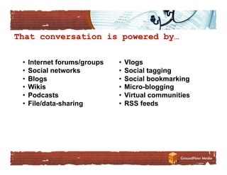 •  Internet forums/groups   •  Vlogs
•  Social networks          •  Social tagging
•  Blogs                    •  Social bookmarking
•  Wikis                    •  Micro-blogging
•  Podcasts                 •  Virtual communities
•  File/data-sharing        •  RSS feeds
 