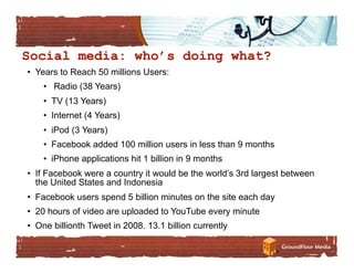 •  Years to Reach 50 millions Users:
    •  Radio (38 Years)
    •  TV (13 Years)
    •  Internet (4 Years)
    •  iPod (3 Years)
    •  Facebook added 100 million users in less than 9 months
    •  iPhone applications hit 1 billion in 9 months
•  If Facebook were a country it would be the world’s 3rd largest between
   the United States and Indonesia
•  Facebook users spend 5 billion minutes on the site each day
•  20 hours of video are uploaded to YouTube every minute
•  One billionth Tweet in 2008. 13.1 billion currently
 