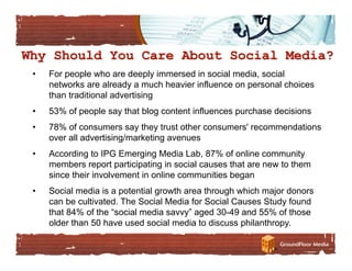•    For people who are deeply immersed in social media, social
     networks are already a much heavier influence on personal choices
     than traditional advertising
•    53% of people say that blog content influences purchase decisions
•    78% of consumers say they trust other consumers' recommendations
     over all advertising/marketing avenues
•    According to IPG Emerging Media Lab, 87% of online community
     members report participating in social causes that are new to them
     since their involvement in online communities began
•    Social media is a potential growth area through which major donors
     can be cultivated. The Social Media for Social Causes Study found
     that 84% of the “social media savvy” aged 30-49 and 55% of those
     older than 50 have used social media to discuss philanthropy.
 