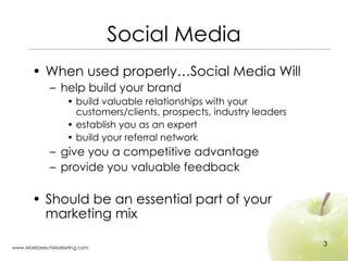 Social Media <ul><li>When used properly…Social Media Will </li></ul><ul><ul><li>help build your brand </li></ul></ul><ul><...