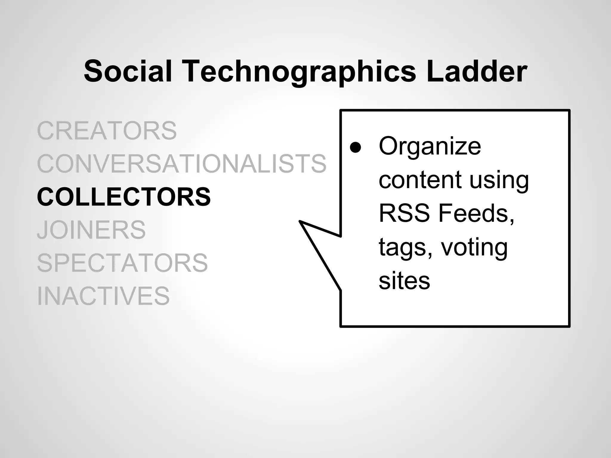 Social Technographics Ladder
CREATORS
                   ● Organize
CONVERSATIONALISTS
                     content using
COLLECTORS
                     RSS Feeds,
JOINERS
                     tags, voting
SPECTATORS
                     sites
INACTIVES
 
