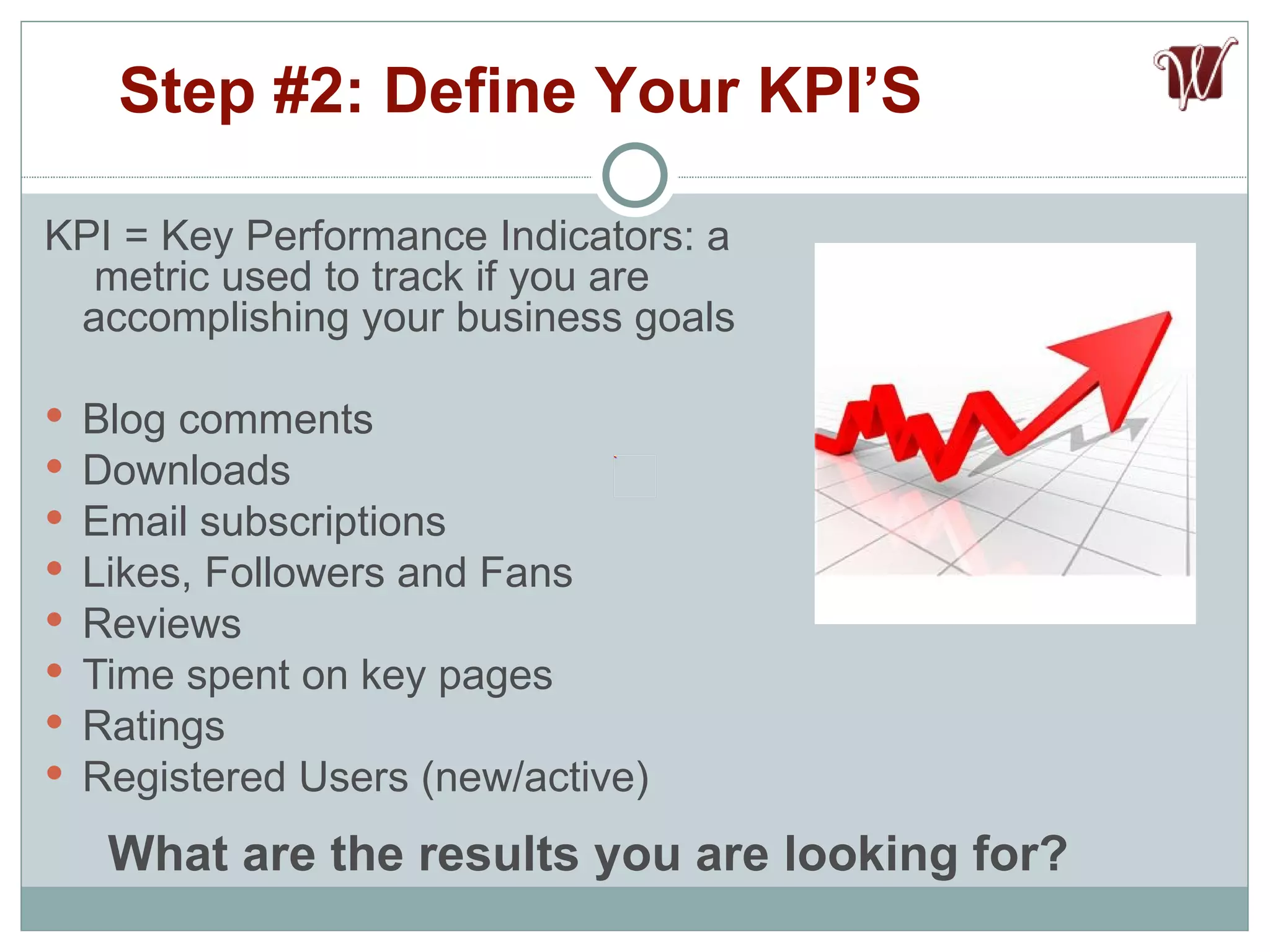 KPI = Key Performance Indicators: a  metric used to track if you are accomplishing your business goals Blog comments Downloads Email subscriptions Likes, Followers and Fans Reviews Time spent on key pages Ratings Registered Users (new/active) Step #2: Define Your KPI’S What are the results you are looking for? 