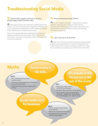 Q:

      A:




           ?
      Troubleshooting Social Media
          Someone left a negative comment on our blog/
      Facebook page/Twitter/YouTube video!

            Don’t panic! Assess the comment to understand if it has
      merit or not. If the commenter has a legitimate complaint, use
      it as an opportunity to thank them for their feedback and take
      it into consideration to improve your business.
      There will be people that leave comments who are beyond
      appeasing and will not be reasonable. That’s okay and you
      can move on. You may be surprised at other commenters that
      come to your defense.




      Myths
           FACTS:
           • 96% of Millennials have joined
             a social network
                                              Social media is
                                                 for kids.


           • The fastest growing segment on Facebook is
                                                                          Q: No one is following our blog/Twitter!
                                                                          A: It won’t happen overnight — unless you’re a famous
                                                                          celebrity. Start grassroots. Tell your friends, family,
                                                                          employees and affiliates to check out your sites, follow you,
                                                                          and spread the word. Participate on other sites and they
                                                                          will start to reciprocate.



                                                                          Q: I don’t have time to do all of this!
                                                                          A: Don’t try to do it all yourself. Find experts and passionate
                                                                          people in your organization to contribute to blog posts and
                                                                          Twitter feeds. Not only does it provide you with more content,
                                                                          but it socializes your company as a whole to the community.




                                                                                                          It’s popular in the
                                                                                                          US but not in the
                                                                                                          rest of the world.
             55-65 year-old females                                                FACT:
           • Adults spend 15 plus hours a week on the                              • 50% of the mobile internet             traffic
             internet                                                                in the UK is for Facebook
                                                                                   • Facebook offers more than 70 translations
                                                                                   • Top ﬁve proliﬁc users of social media by
                                                                                     country #1 - Australia, #2 - United States,
                                                                                     #3 - United Kingdom, #4 - Italy, #5 - Spain


                          Social media isn’t
                            for business.                              FACTS:
                                                                       • 95% of companies use Linked in
                                                                         for recruitment
                                                                       • 83% of all companies use Facebook
                                                                       • 700,000 local businesses have
                                                                         active Facebook pages




 14
14
 