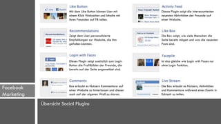 Mit dem Like Button können User mit        Dieses Plugin zeigt die interessantesten
                          einem Klick Webseiten und Inhalte mit      neuesten Aktivitäten der Freunde auf
                          ihren Freunden auf FB teilen.              einer Website.



                          Zeigt dem User personalisierte             Die Box zeigt, wie viele Menschen die
                          Empfehlungen zur Website, die ihm          Seite bereits mögen und was die neuesten
                          gefallen könnten.                          Posts sind.




                          Dieses Plugin zeigt zusätzlich zum Login   Ist das gleiche wie Login with Faces nur
                          Button die Profilbilder der Freunde, die   ohne Login Funktion.
                          bereits auf der Seite angemeldet sind.



                          Box erlaubt es Nutzern Kommentare auf      Die Box erlaubt es Nutzern, Aktivitäten
Facebook                  einer Website zu hinterlassen und diesen   und Kommentare während eines Events in
Marketing                 auch auf der eigenen Wall zu sharen.       Echtzeit zu teilen.

            Übersicht Social Plugins
 