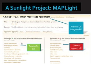 A recent US
             Congress bill




Groups for     Groups
   bill       against bill
 