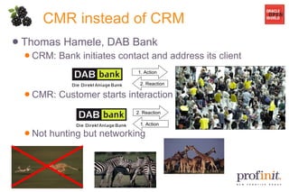 CMR instead of CRM Thomas Hamele, DAB Bank CRM: Bank initiates contact and address its client CMR: Customer starts interaction Not hunting but networking 1. Action 2. Reaction 2. Reaction 1. Action 