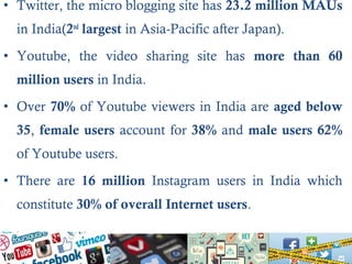 • Twitter, the micro blogging site has 23.2 million MAUs
in India(2nd
largest in Asia-Pacific after Japan).
• Youtube, the video sharing site has more than 60
million users in India.
• Over 70% of Youtube viewers in India are aged below
35, female users account for 38% and male users 62%
of Youtube users.
• There are 16 million Instagram users in India which
constitute 30% of overall Internet users.
 