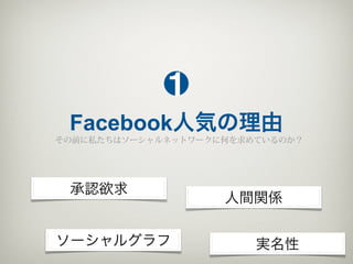 1
 Facebook人気の理由
その前に私たちはソーシャルネットワークに何を求めているのか？




 承認欲求
                    人間関係

ソーシャルグラフ                実名性
 