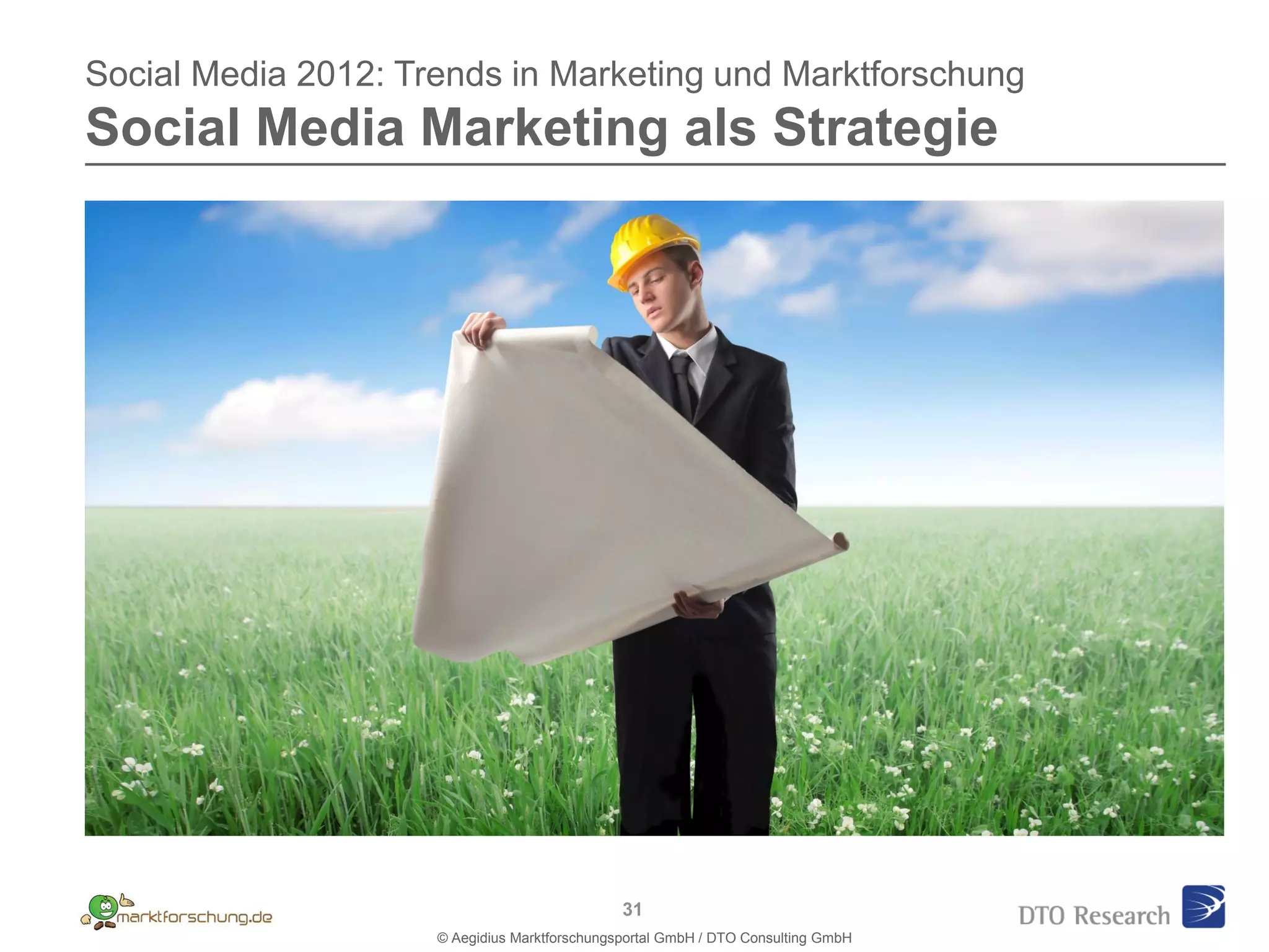 Social Media 2012: Trends in Marketing und Marktforschung
Social Media Marketing als Strategie




                                               31
                     © Aegidius Marktforschungsportal GmbH / DTO Consulting GmbH
 