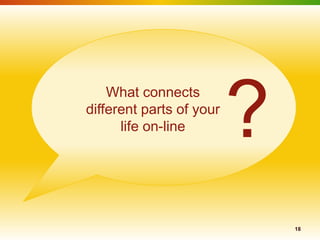 ?
    What connects
different parts of your
      life on-line




                              18
 