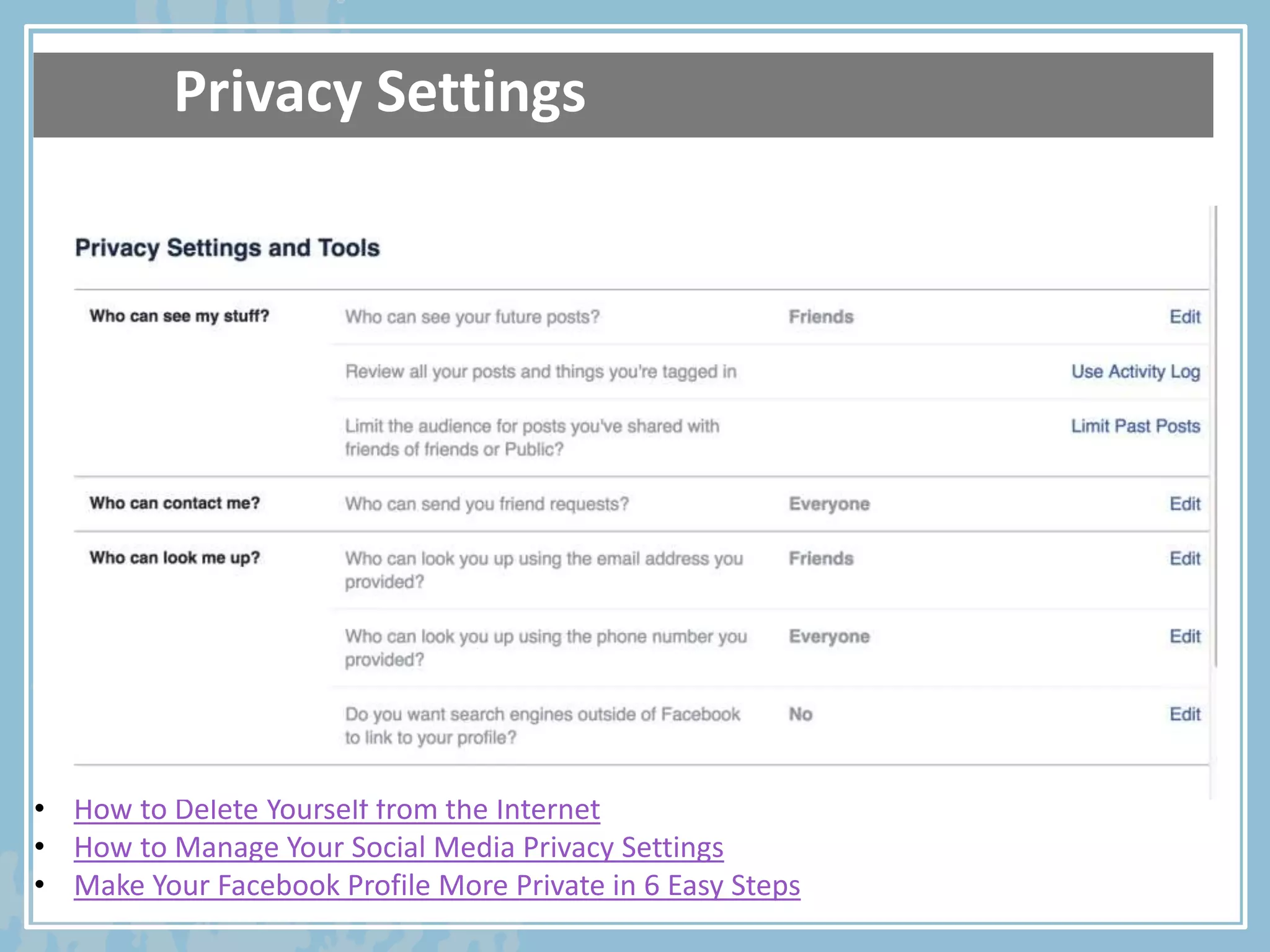Privacy Settings
• How to Delete Yourself from the Internet
• How to Manage Your Social Media Privacy Settings
• Make Your Facebook Profile More Private in 6 Easy Steps
 