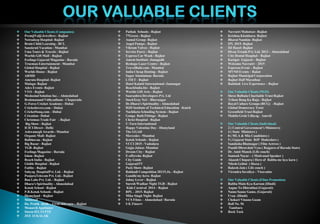  Our Valuable Clients (Companies)
 PremjiValji Jewellers - Rajkot
 Netradeep Hospital- Rajkot
 Brain Child Learning - BCL
 Sanskruti Vacation - Mumbai
 Uma Tours & Travels - Rajkot
 Worlds Gift Mall - Rajkot
 Feelings Gujarati Magazine - Baroda
 Trueman Entertainment - Mumbai
 Global Hospital - Rajkot
 Worlds House - Rajkot
 ARMD
 Amruta Hospital- Rajkot
 Malaga- Rajkot
 Adex Events- Rajkot
 VYO - Rajkot
 Medusind Solution Inc. - Ahmedabad
 Brahmanand Vidhyadham - Chaparada
 G-Force Cricket Academy– Dubai
 Cricketlovers.com – Dubai
 CricketSouq.com – Dubai
 Crication– Dubai
 Christmas Trade Fair - Rajkot
 Big Show - Rajkot
 ICICI Direct - Delhi
 Ashwamegh Awards - Mumbai
 Organic Mall- Rajkot
 Balbhavan - Rajkot
 Big Bazar - Rajkot
 TGB -Rajkot
 Feelings Magazine - Baroda
 Iskon -Rajkot
 Reach India - Rajkot
 Globle Hospital - Rajkot
 Fatlite - Rajkot
 Sahyog HospitalPvt. Ltd. - Rajkot
 PoojaraTelecom Pvt. Ltd.- Rajkot
 Ban Labs Pvt. Ltd. - Rajkot
 Dhara's Spirituality - Ahmedabad
 Kotak School - Rajkot
 P.B.Kotak Schools - Rajkot
 Dismyland – Rajkot
 Mitticool
 Do. Pratik sheth – Vivid skin care – Rajkot
 Monarch Appliance
 Storm IELTS PTE
 ZEE 24 KALAK
 Pathak Schools - Rajkot
 77Green - Rajkot
 Anmol Group- Rajkot
 Angel Pumps - Rajkot
 Vikram Valves - Rajkot
 Service Force - Rajkot
 Express Car Wash - Rajkot
 Amrut Institute -Junagadh
 Reshape Laser Centre - Rajkot
 TravelRahi.com - Mumbai
 India Cheap Hosting - Rajkot
 Sagar Aluminium- Baroda
 LTIET - Rajkot
 Hotel Kalatit International -Jamnagar
 ReachIndia.biz - Rajkot
 Worlds Gift Arts - Rajkot
 Saurashtra Developers Pvt. Ltd
 StockXray No1 - Bhavnagar
 Dr.Dhara's Spirituality - Ahmedabad
 HJD Institute of Technical Education -Kutch
 Nachiketa Schooling System - Rajkot
 Ganga Bath Fittings - Rajkot
 Christ Hospital - Rajkot
 U-Turn International
 Happy Valentine Day - Dismyland
 The GGAD
 Mercedes - Mumbai
 Kotak Schools - Rajkot
 VCCI 2015 - Vadodara
 Gujju Jalaso- Mumbai
 Dream City - Rajkot
 E-offers4u- Rajkot
 City Guide
 GujaratiTV
 Pock Show- Rajkot
 Rakhadi Competition 20115,16, - Rajkot
 Gandhi my hero- Rajkot
 Johny Lever - Rajkot
 Suresh Wadkar Night TGB - Rajkot
 Kids Carnival 2014 – Rajkot
 RPL - 2015- Rajkot
 Mika Singh Night- Rajkot
 VCS Films – Ahmedabad / Baroda
 S K Finserv
 Navratri Mahotsav- Rajkot
 Krishna Khakhara- Rajkot
 Bharat Namkin- Rajkot
 IPL 2015- Rajkot
 DJ Hazel- Rajkot
 Divaa Trends Pvt. Ltd. 2013 – Ahmedabad
 City Dental Hospital – Rajkot
 Karigar Gujarat – Rajkot
 Welcome Navratri – 2015
 Espresso Event – Rajkot
 MVND Events – Rakot
 Rajkot Municipal Corporation
 Rajkot Half Marathon
 Badshah Live Experience – Rajkot
 Our Valuable Clients (NGO)
 Shree Bolbala Charitable Trust Rajkot
 Trikon Baug Ka Raja - Rajkot
 Royal Culture Groups (RCG) - Rajkot
 Global Democracy Trust
 Greenfield Trust Rajkot
 Mahila Gruh Udhyog - Amreli
 Our Valuable Clients (Individual)
 2 ( Central Government’s Ministers)
 4 ( State Ministers )
 8 ( MLA & Mla Candidates )
 5 ( Gujarat State BJP Hodeedars )
 Samiksha Bhatnagar ( Film Actress )
 Pandit Dhruvdatt Vyas ( Rajguru of Baroda State)
 Dr. Amit Manek (Life couch)
 Santosh Nayar – ( Motivanal Speaker )
 Akaash Chopara ( Hero of Rabba me kya karu )
 Nilesh Gehlot ( Deesa )
 Rakesh Jain ( Life couch )
 Virendra Savaliya – Visavadar
 Our Valuable Clients (Films Promotion)
 Rabba Main Kya Karoon (Hindi)
 Aapne To Dhirubhai (Gujarati)
 Namo Saune Gamo. (Gujarati)
 Uvaa (Hindi)
 Chokari Vinanu Gaam
 Roll No. 56
 Tamburo
 Rock Tock
 