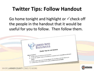 Twitter Tips: Goals	Be clear on what you have to offer, then be clear on your goals for using Twitter.  This will keep you from wasting time!