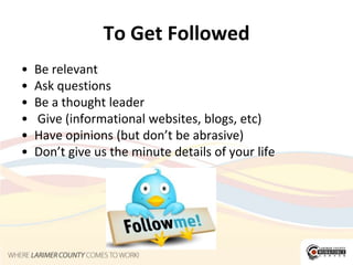 Twitter Tips: Follow LocalsUse Twitter.Grader.com and LocaFollow.com to find and follow the local Influencers in your State (or your target States)