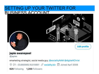 SETTING UP YOUR TWITTER FOR
BUSINESS ACCOUNT
 
