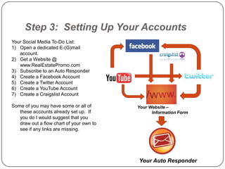 Step 3: Setting Up Your Accounts
Your Social Media To-Do List:
1) Open a dedicated E-(G)mail
   account.
2) Get a Website @
   www.RealEstatePromo.com
3) Subscribe to an Auto Responder
4) Create a Facebook Account
5) Create a Twitter Account
6) Create a YouTube Account
7) Create a Craigslist Account

Some of you may have some or all of       Your Website –
   these accounts already set up. If            Information Form
   you do I would suggest that you
   draw out a flow chart of your own to
   see if any links are missing.




                                          Your Auto Responder
 