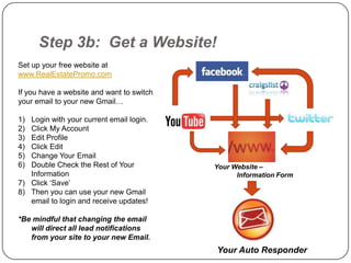 Step 3b: Get a Website!
Set up your free website at
www.RealEstatePromo.com

If you have a website and want to switch
your email to your new Gmail…

1) Login with your current email login.
2) Click My Account
3) Edit Profile
4) Click Edit
5) Change Your Email
6) Double Check the Rest of Your           Your Website –
   Information                                   Information Form
7) Click „Save‟
8) Then you can use your new Gmail
   email to login and receive updates!

*Be mindful that changing the email
   will direct all lead notifications
   from your site to your new Email.
                                           Your Auto Responder
 