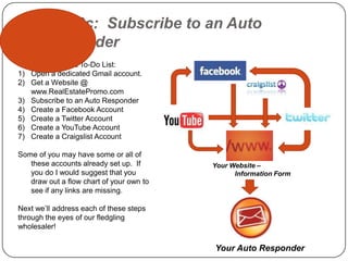 Step 3c: Subscribe to an Auto
      Responder
Your Social Media To-Do List:
1) Open a dedicated Gmail account.
2) Get a Website @
   www.RealEstatePromo.com
3) Subscribe to an Auto Responder
4) Create a Facebook Account
5) Create a Twitter Account
6) Create a YouTube Account
7) Create a Craigslist Account

Some of you may have some or all of
   these accounts already set up. If      Your Website –
   you do I would suggest that you              Information Form
   draw out a flow chart of your own to
   see if any links are missing.

Next we‟ll address each of these steps
through the eyes of our fledgling
wholesaler!

                                          Your Auto Responder
 